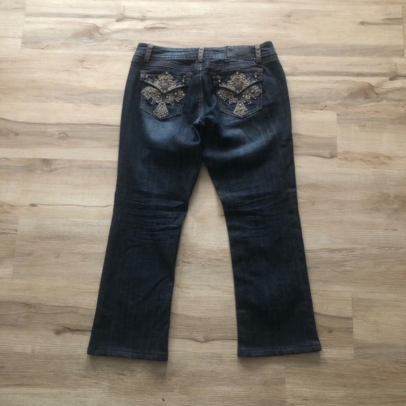 Grace in LA Dark Blue Flare Jeans Denim Cross Embellished Back Pockets Western - Picture 5 of 8